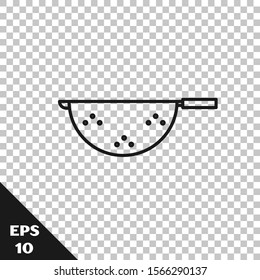 Black line Kitchen colander icon isolated on transparent background. Cooking utensil. Cutlery sign.  Vector Illustration