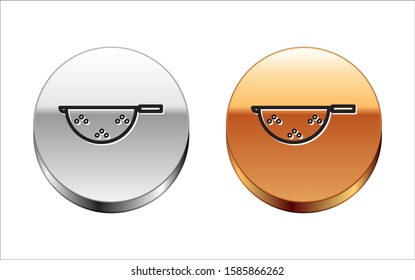 Black line Kitchen colander icon isolated on white background. Cooking utensil. Cutlery sign. Silver-gold circle button. Vector Illustration