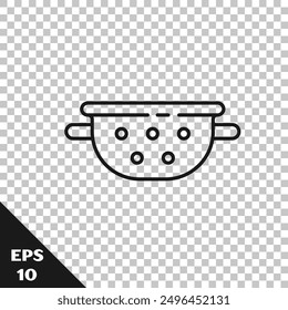 Icono de colador de cocina de línea negra aislado sobre fondo transparente. Utensilio de cocina. Letrero de cubiertos.  Vector