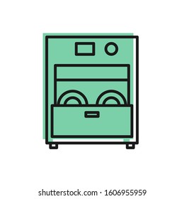 Black line Kitchen dishwasher machine icon isolated on white background.  Vector Illustration