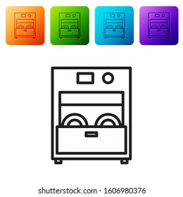 Black line Kitchen dishwasher machine icon isolated on white background. Set icons in color square buttons. Vector Illustration