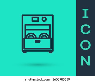 Black line Kitchen dishwasher machine icon isolated on green background.  Vector Illustration