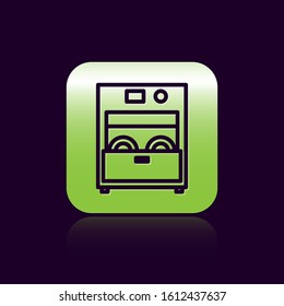 Black line Kitchen dishwasher machine icon isolated on black background. Green square button. Vector Illustration