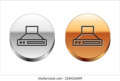 Black line Kitchen extractor fan icon isolated on white background. Cooker hood. Kitchen exhaust. Household appliance. Silver-gold circle button. Vector