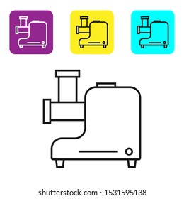 Black line Kitchen meat grinder icon isolated on white background. Set icons colorful square buttons. Vector Illustration