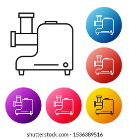Black line Kitchen meat grinder icon isolated on white background. Set icons colorful circle buttons. Vector Illustration