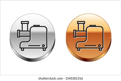 Black line Kitchen meat grinder icon isolated on white background. Silver-gold circle button. Vector Illustration