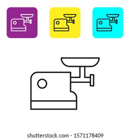 Black line Kitchen meat grinder icon isolated on white background. Set icons colorful square buttons. Vector Illustration