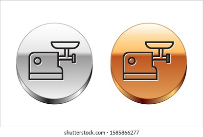 Black line Kitchen meat grinder icon isolated on white background. Silver-gold circle button. Vector Illustration