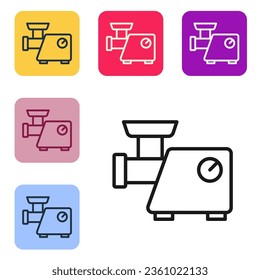 Black line Kitchen meat grinder icon isolated on white background. Set icons in color square buttons. Vector