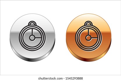 Black line Kitchen timer icon isolated on white background. Cooking utensil. Silver-gold circle button. Vector Illustration