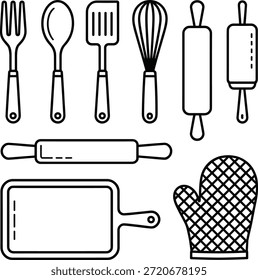 Linha preta de utensílios de cozinha e ferramentas de cozedura linha preto e branco