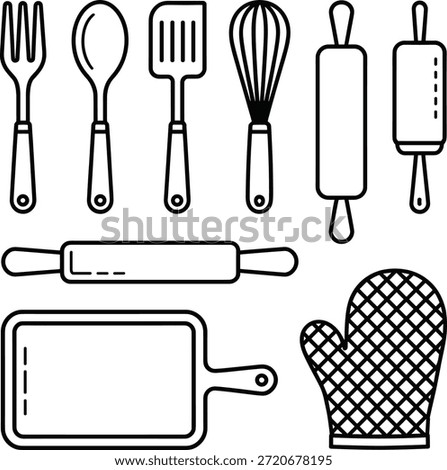 Black line of kitchen utensils and baking tools line black and white