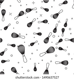 Black line Kitchen whisk icon isolated seamless pattern on white background. Cooking utensil, egg beater. Cutlery sign. Food mix symbol.  Vector Illustration