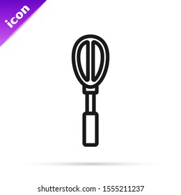 Black line Kitchen whisk icon isolated on white background. Cooking utensil, egg beater. Cutlery sign. Food mix symbol.  Vector Illustration