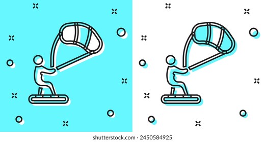 Black line Kitesurfing icon isolated on green and white background. Random dynamic shapes. Vector