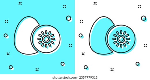 Black line Kiwi fruit icon isolated on green and white background. Random dynamic shapes. Vector