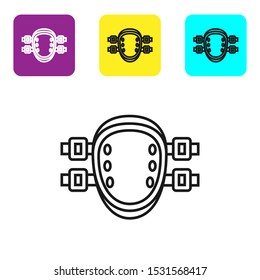 Black line Knee pads icon isolated on white background. Extreme sport. Sport equipment. Skateboarding, bicycle, roller skating protective gear. Set icons colorful square buttons. Vector Illustration