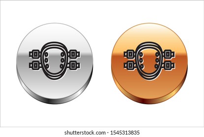 Black line Knee pads icon isolated on white background. Extreme sport. Sport equipment. Skateboarding, bicycle, roller skating protective gear. Silver-gold circle button. Vector Illustration