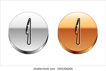 Black line Knife icon isolated on white background. Cutlery symbol. Silver-gold circle button. Vector Illustration