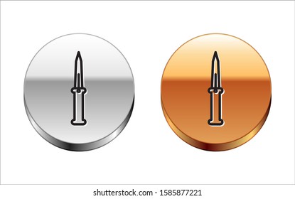 Black line Knife icon isolated on white background. Army knife. Silver-gold circle button. Vector Illustration