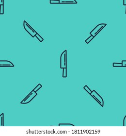 Black line Knife icon isolated seamless pattern on green background. Cutlery symbol. Happy Halloween party.  Vector