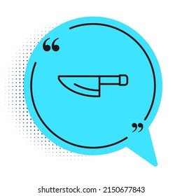 Black line Knife icon isolated on white background. Cutlery symbol. Blue speech bubble symbol. Vector