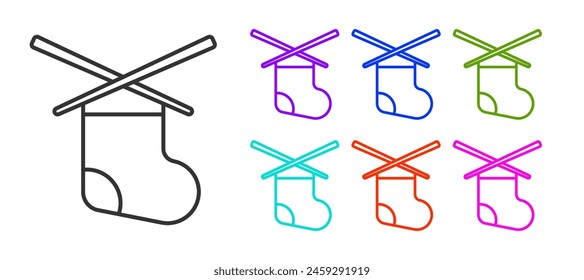 Black line Knitting needles icon isolated on white background. Label for hand made, knitting or tailor shop. Set icons colorful. Vector
