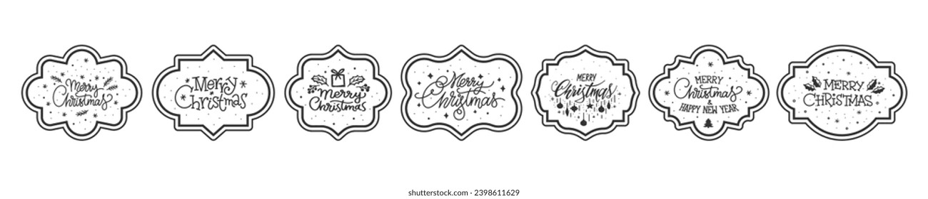 Black line labels Merry Christmas and Happy New Year. Congratulation stickers. Ornate elegant badge templates. Vintage frame retro filigree tags with greeting text. Linear border stamp stencil