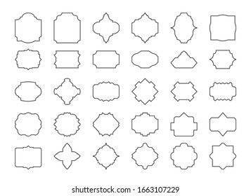 Black line labels retro vintage set. Blank stamp sale price tag. Different shape empty contour template for card, text banner, wedding invitation, menu. Elegance sticker, isolated Vector illustration