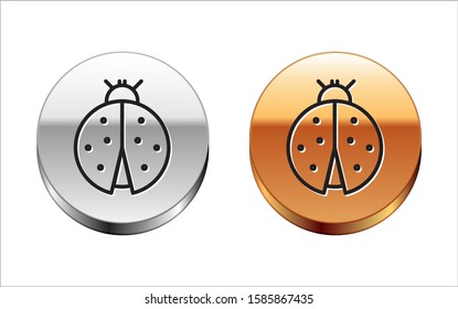 Black line Ladybug icon isolated on white background. Silver-gold circle button. Vector Illustration