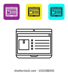 Black line Laptop with app delivery tracking icon isolated on white background. Parcel tracking. Set icons colorful square buttons. Vector Illustration