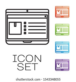 Black line Laptop with app delivery tracking icon isolated on white background. Parcel tracking. Set icons colorful. Vector Illustration