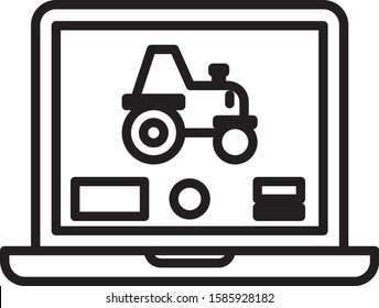 Black line Laptop application for control a autonomous tractor on a smart farm icon isolated on white background. Smart agriculture implement.  Vector Illustration