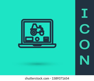 Black line Laptop application for control a autonomous tractor on a smart farm icon isolated on green background. Smart agriculture implement.  Vector Illustration