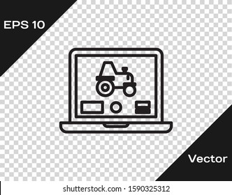 Black line Laptop application for control a autonomous tractor on a smart farm icon isolated on transparent background. Smart agriculture implement.  Vector Illustration