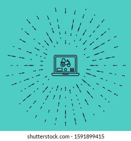 Black line Laptop application for control a autonomous tractor on a smart farm icon isolated on green background. Smart agriculture implement. Abstract circle random dots. Vector Illustration