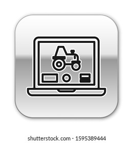 Black line Laptop application for control a autonomous tractor on a smart farm icon isolated on white background. Smart agriculture implement. Silver square button. Vector Illustration
