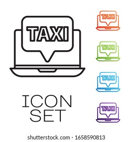 Black line Laptop call taxi service icon isolated on white background. Set icons colorful. Vector Illustration