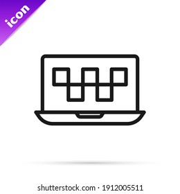 Black line Laptop call taxi service icon isolated on white background.  Vector