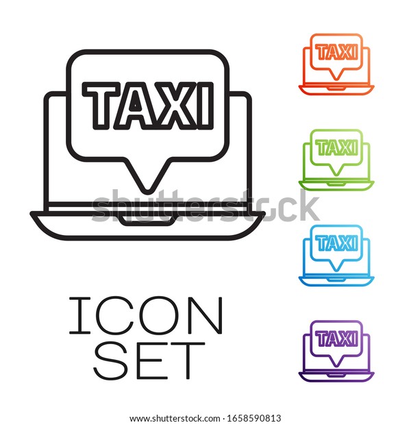 Black line Laptop\
call taxi service icon isolated on white background. Set icons\
colorful. Vector\
Illustration