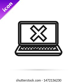 Black line Laptop and cross mark on screen icon isolated on white background. Error window, exit button, cancel, 404 error page not found concept.  Vector Illustration