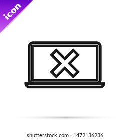 Black line Laptop and cross mark on screen icon isolated on white background. Error window, exit button, cancel, 404 error page not found concept.  Vector Illustration