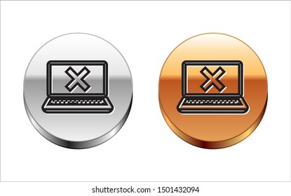Black line Laptop and cross mark on screen icon isolated on white background. Error window, exit button, cancel, 404 error page not found concept. Silver-gold circle button. Vector Illustration