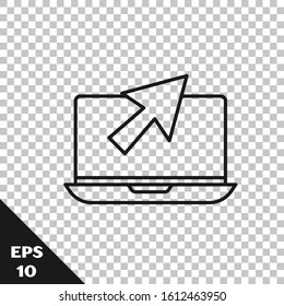 Black line Laptop and cursor icon isolated on transparent background. Computer notebook with empty screen sign.  Vector Illustration