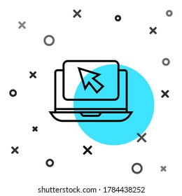Schwarze Linie Laptop und Cursor Symbol einzeln auf weißem Hintergrund. Computernotebook mit leerem Bildschirm-Schild. Zufällige dynamische Formen. Vektorgrafik