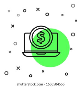 Black line Laptop with dollar symbol icon isolated on white background. Online shopping concept. Earnings in the Internet, marketing.  Vector Illustration