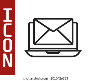 Black line Laptop with envelope and open email on screen icon isolated on white background. Email marketing, internet advertising concepts.  Vector Illustration