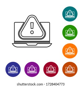 Black line Laptop with exclamation mark icon isolated on white background. Alert message smartphone notification. Set icons in color circle buttons. Vector Illustration
