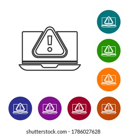 Schwarze Linie Laptop mit Ausrufezeichen Symbol einzeln auf weißem Hintergrund. Warnmeldung Smartphone-Benachrichtigung. Symbole in den Farbkreisknöpfen einstellen. Vektorgrafik